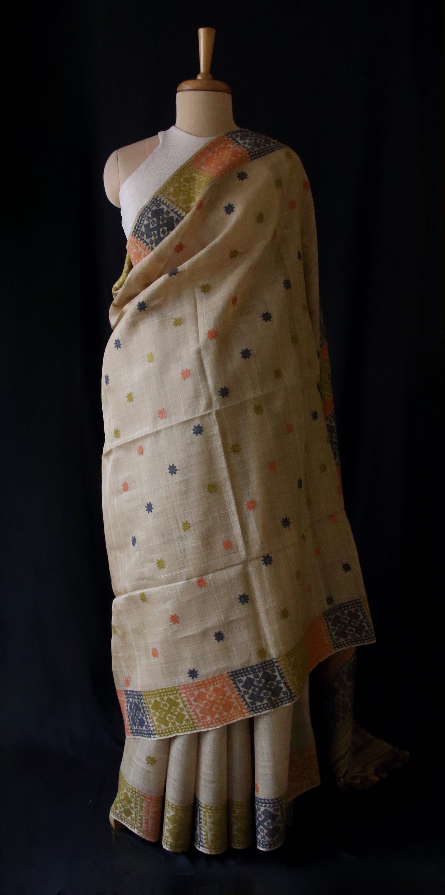 Authentic Muga Silk Saree with natural dyed Eri Silk motifs from Assam
