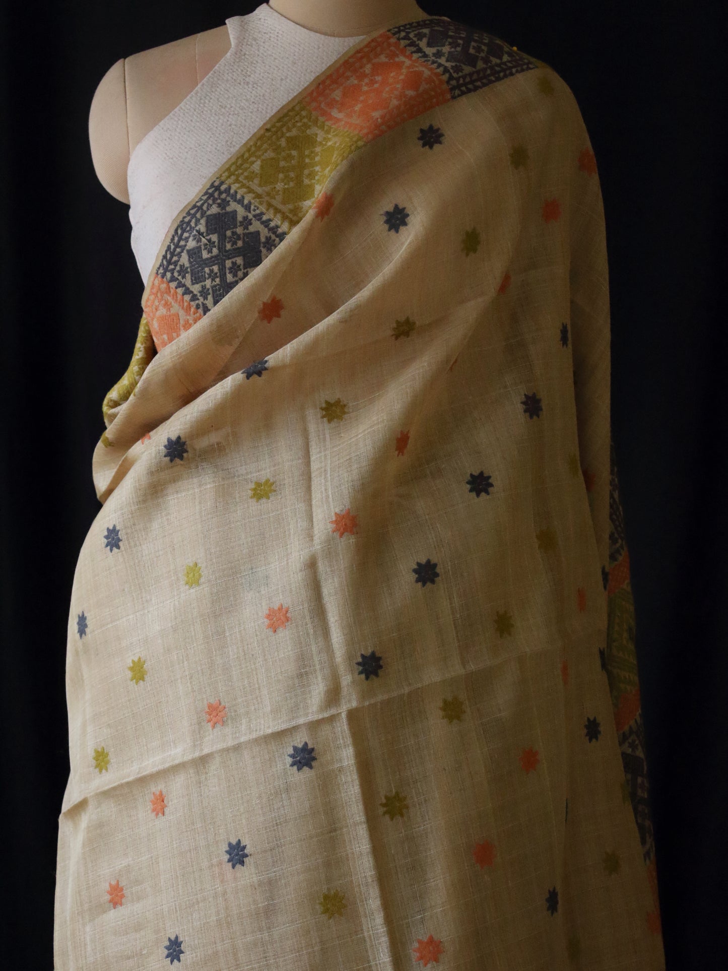 Authentic Muga Silk Saree with natural dyed Eri Silk motifs from Assam