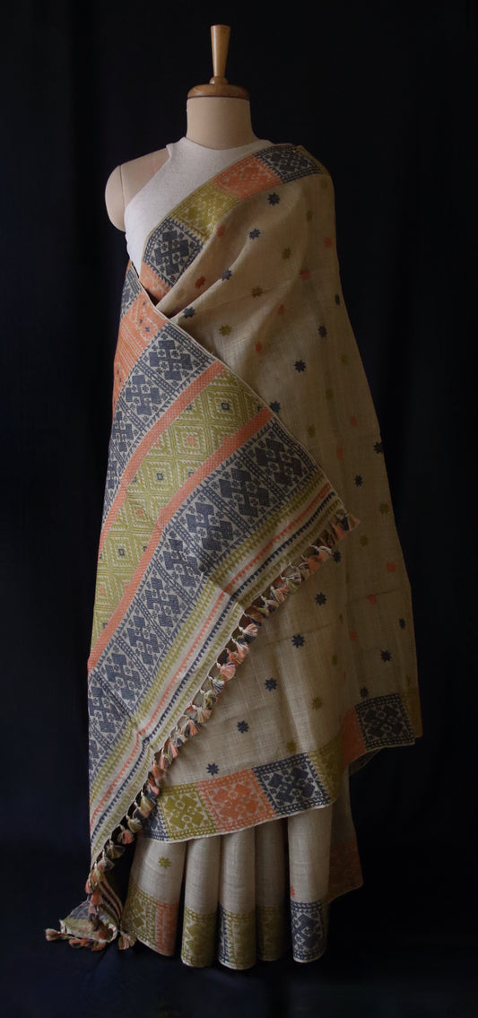 Authentic Muga Silk Saree with natural dyed Eri Silk motifs from Assam