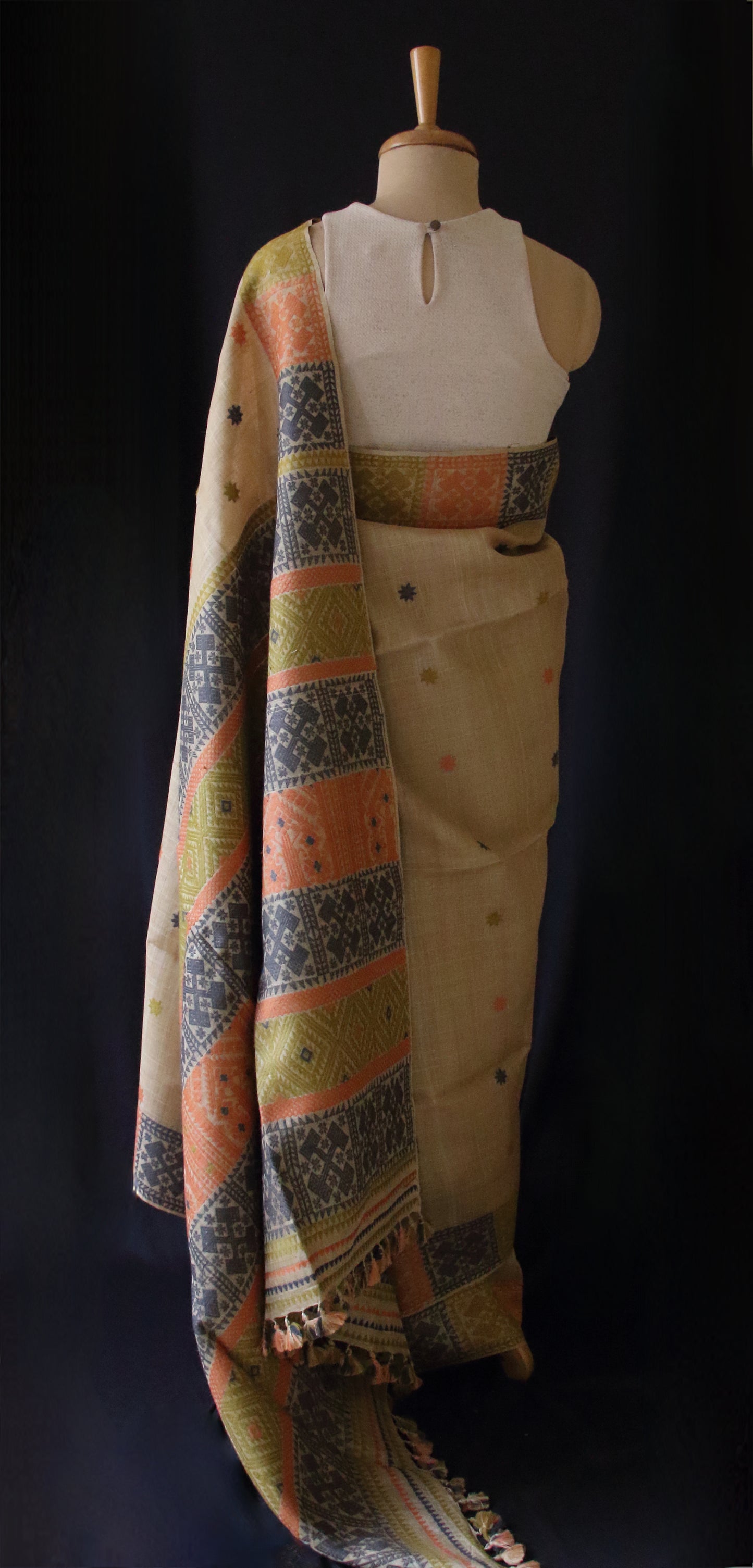 Authentic Muga Silk Saree with natural dyed Eri Silk motifs from Assam