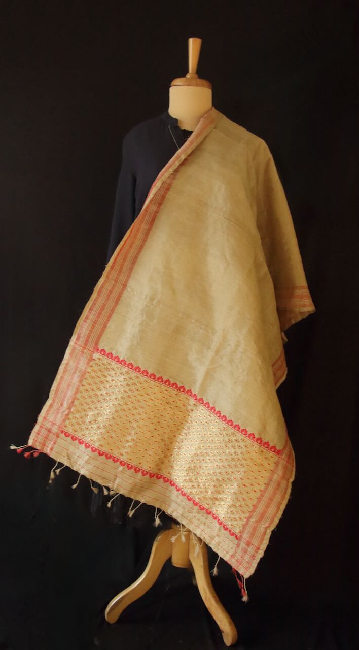 Muga Silk Gamucha with golden zari motifs from Assam