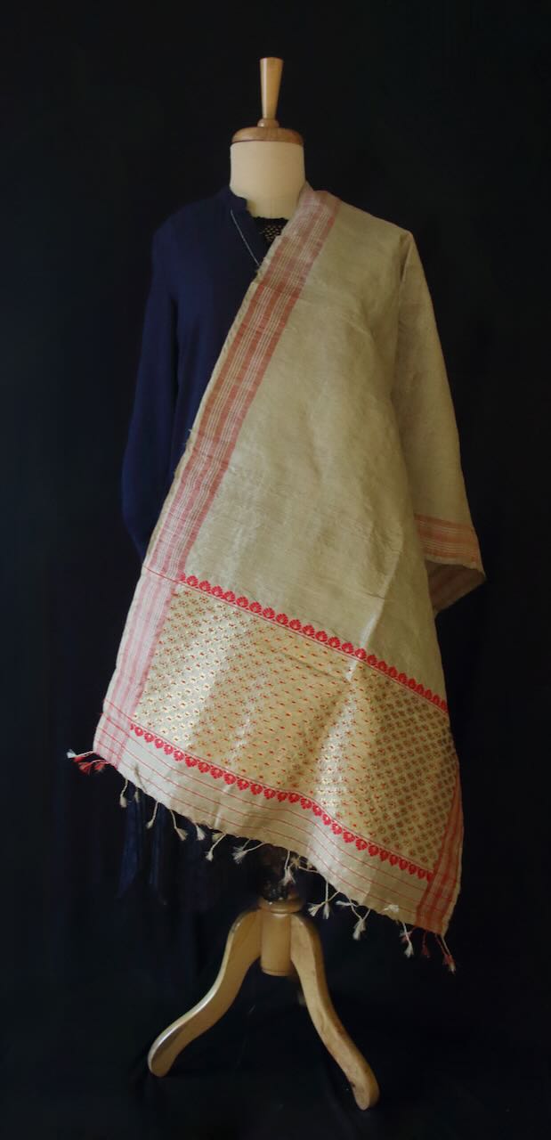 Muga Silk Gamucha with golden zari motifs from Assam