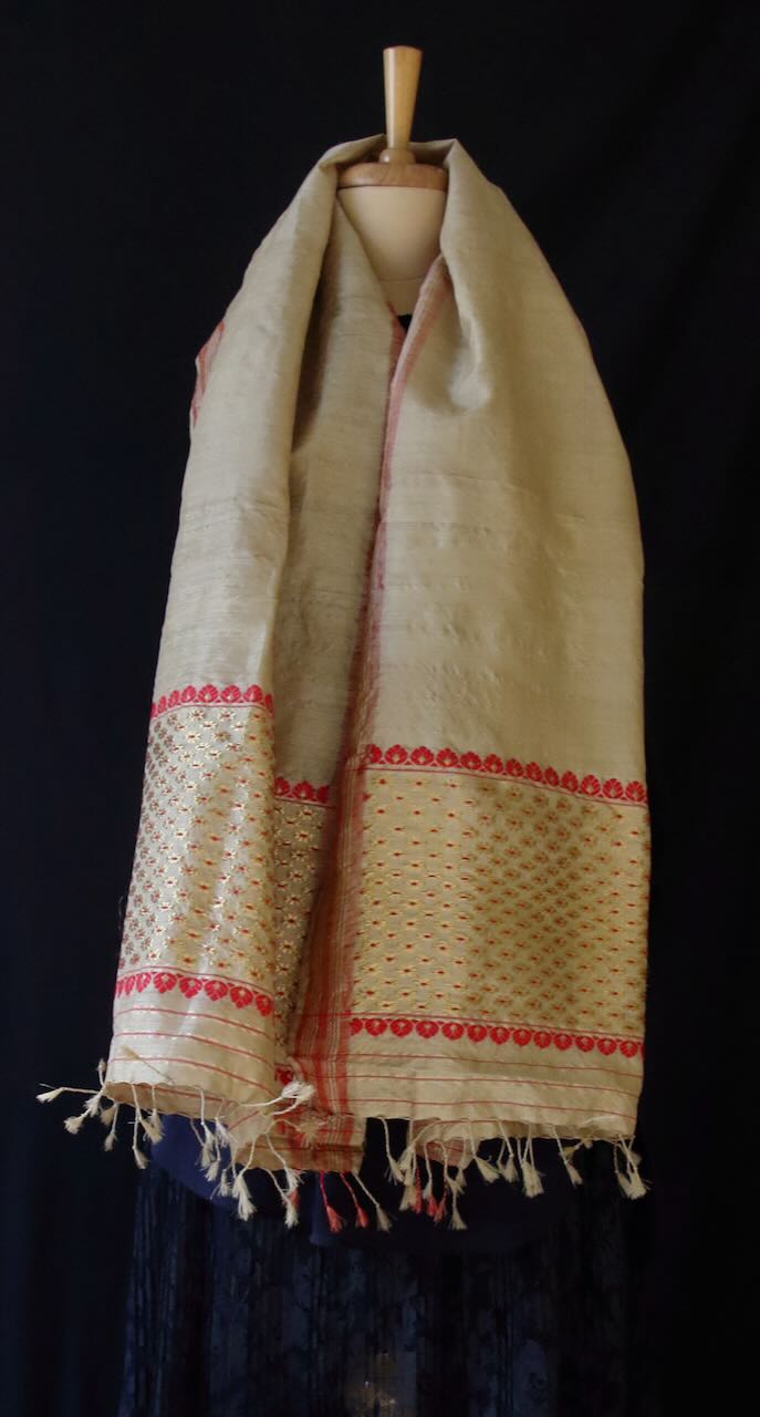 Muga Silk Gamucha with golden zari motifs from Assam