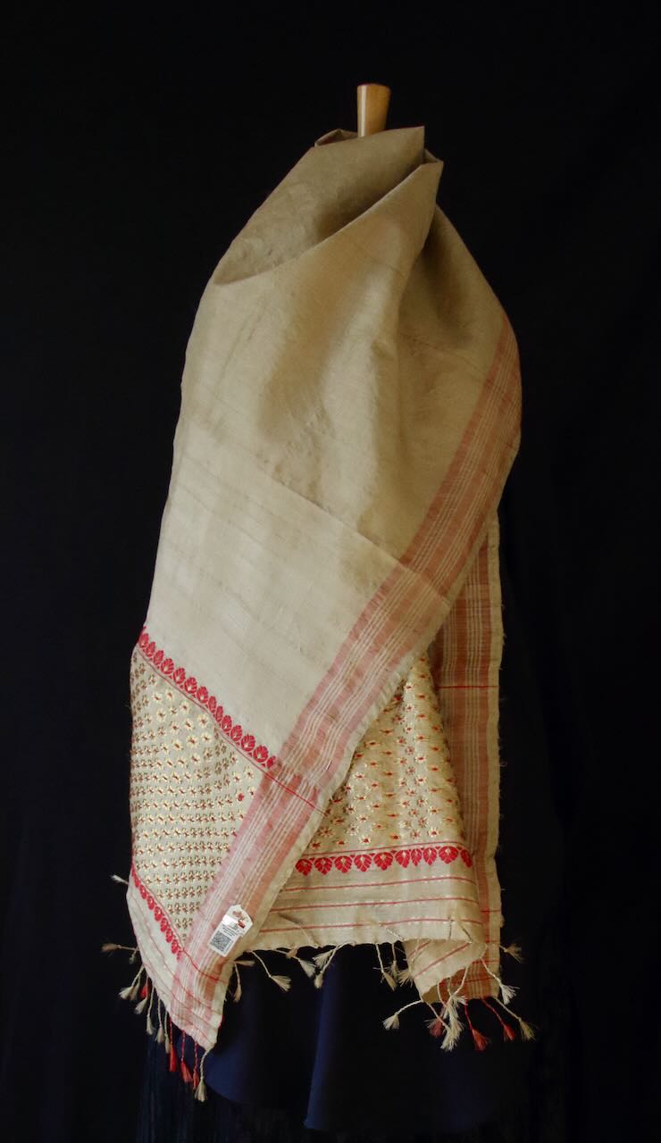 Muga Silk Gamucha with golden zari motifs from Assam