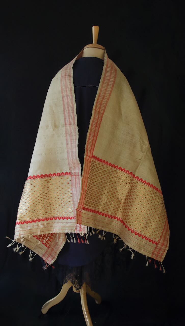 Muga Silk Gamucha with golden zari motifs from Assam