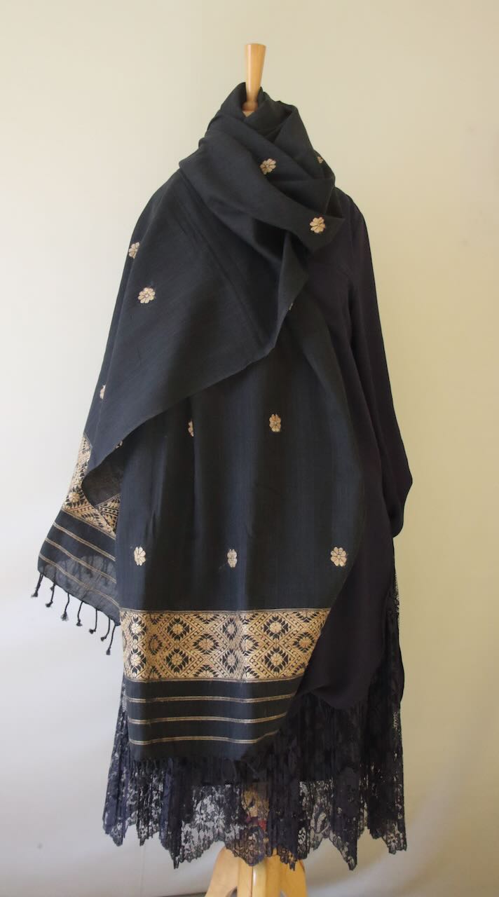 Dark Grey Natural Dyed Handwoven Cotton Silk Dupatta / Wrap from Assam