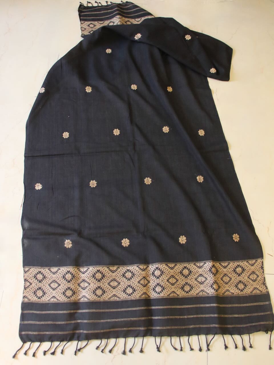 Dark Grey Natural Dyed Handwoven Cotton Silk Dupatta / Wrap from Assam