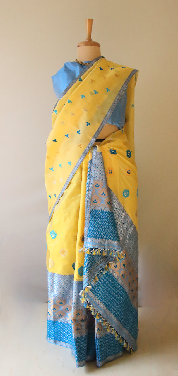 Yellow Traditional Handloom Mulberry Silk Mekhla Chador Set from Assam