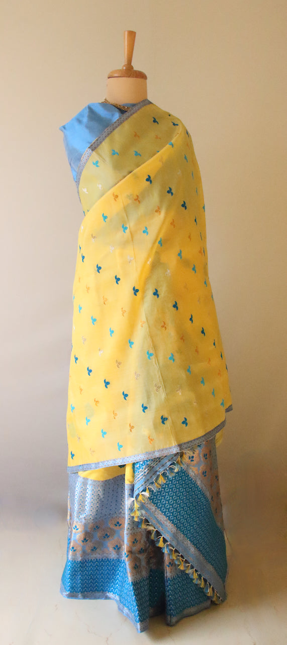 Yellow Traditional Handloom Mulberry Silk Mekhla Chador Set from Assam