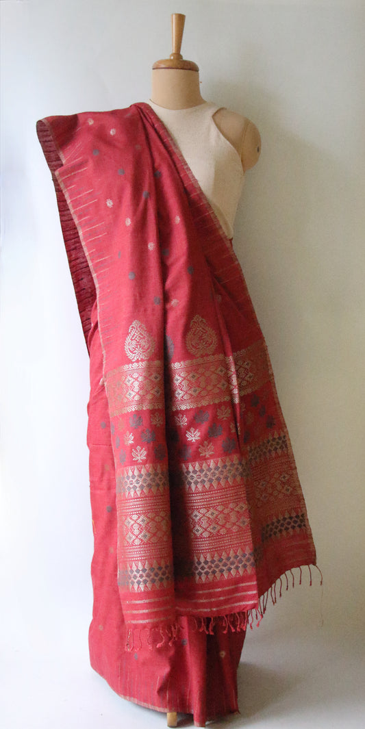 Natural Dyed Maroon Handloom Eri Silk  Sari from Assam