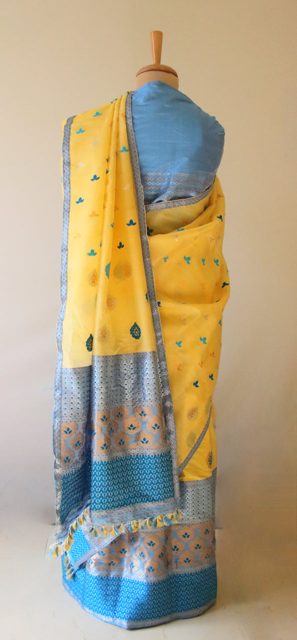 Yellow Traditional Handloom Mulberry Silk Mekhla Chador Set from Assam