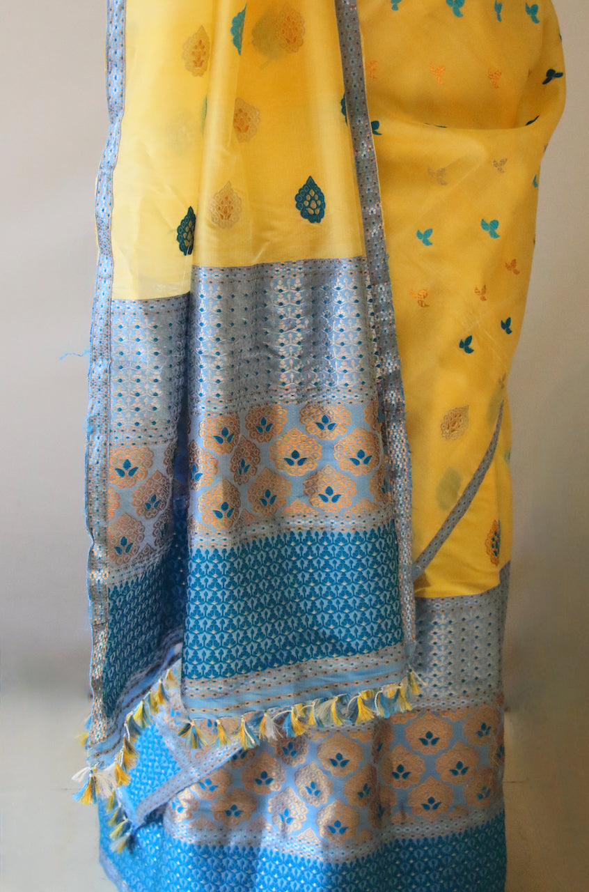 Yellow Traditional Handloom Mulberry Silk Mekhla Chador Set from Assam