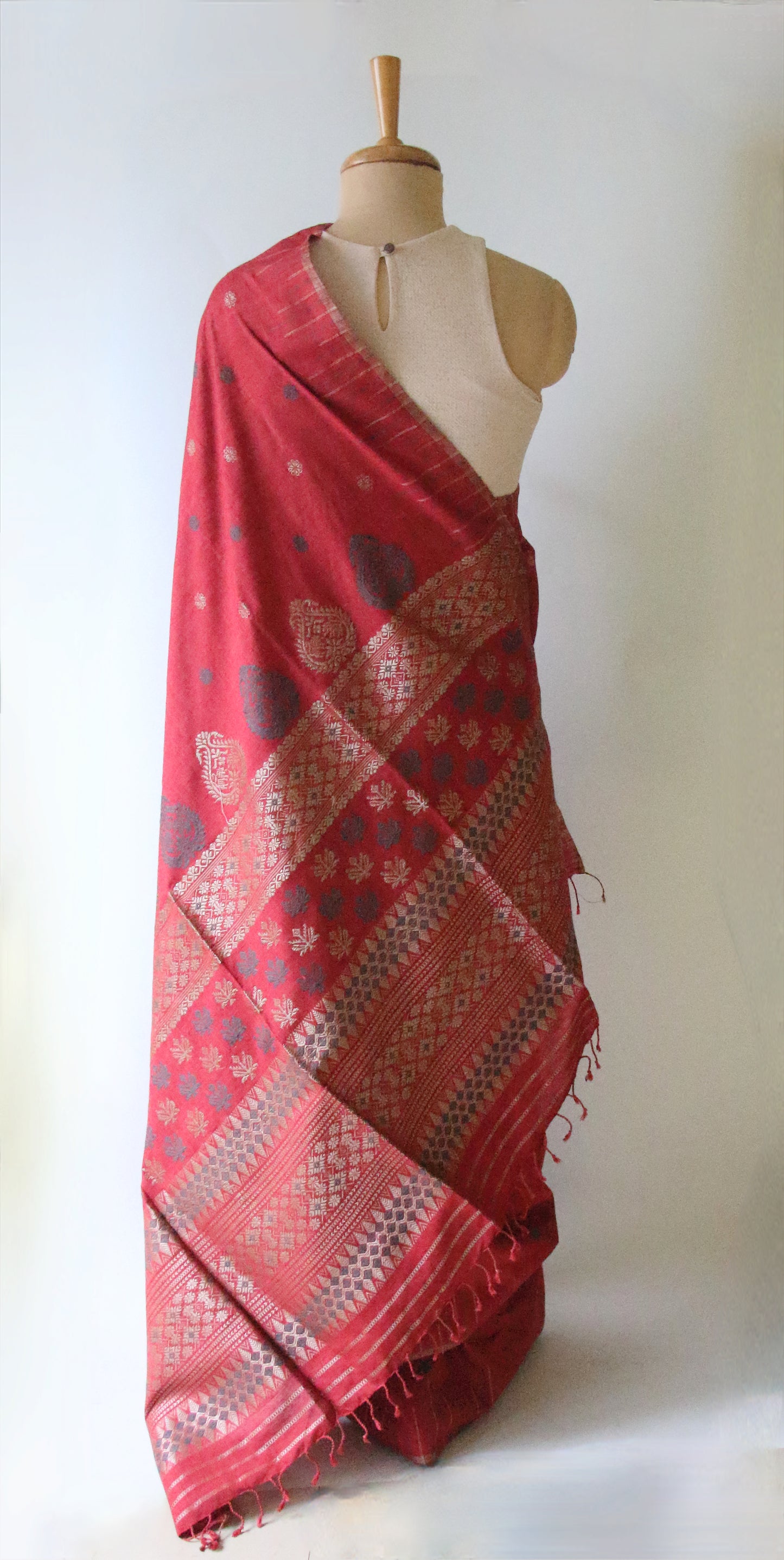 Natural Dyed Maroon Handloom Eri Silk  Sari from Assam