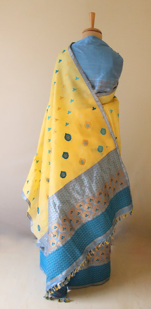 Yellow Traditional Handloom Mulberry Silk Mekhla Chador Set from Assam