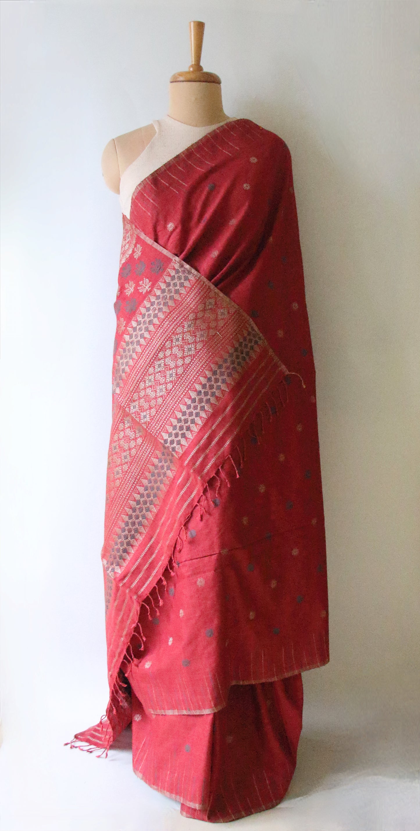 Natural Dyed Maroon Handloom Eri Silk  Sari from Assam
