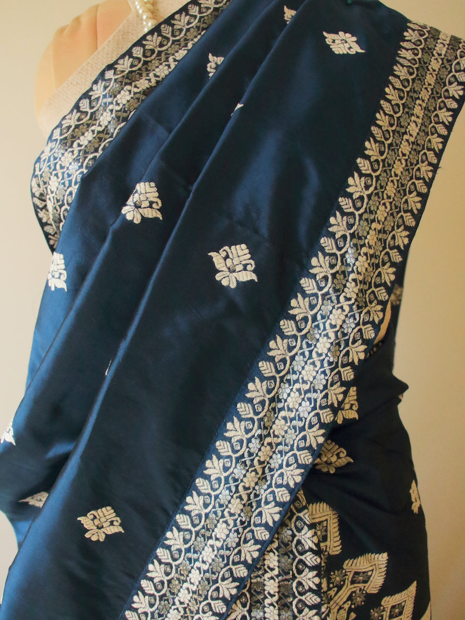 Prussian Blue Traditional Handloom Mulberry Silk Mekhla Chador Set from Assam