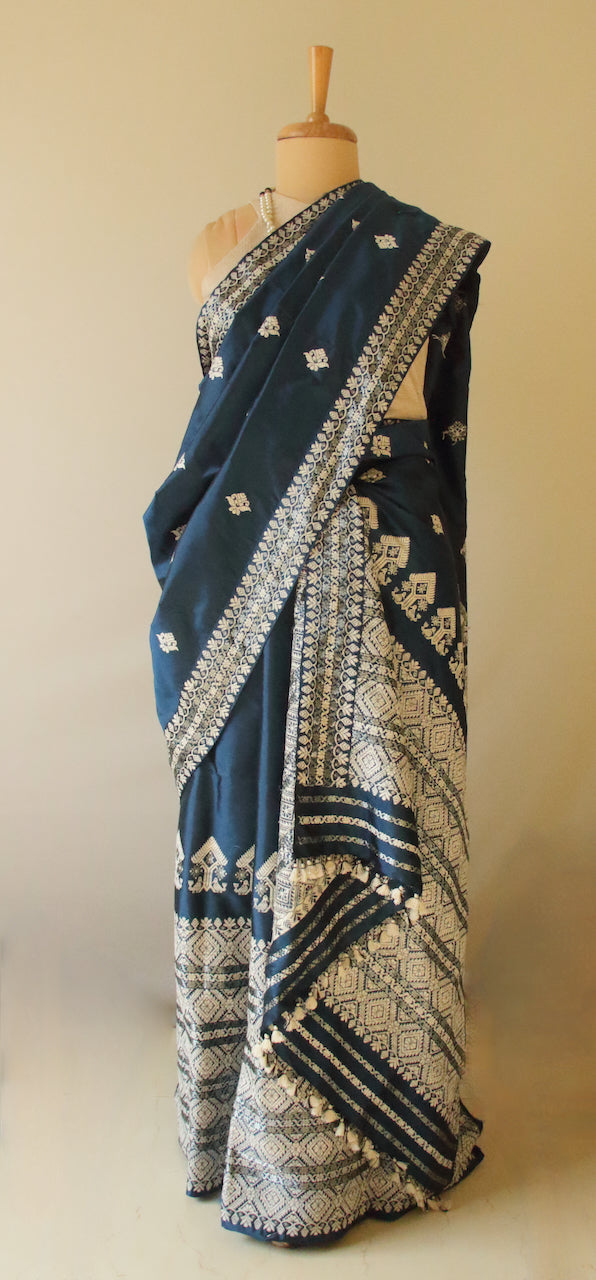 Prussian Blue Traditional Handloom Mulberry Silk Mekhla Chador Set from Assam