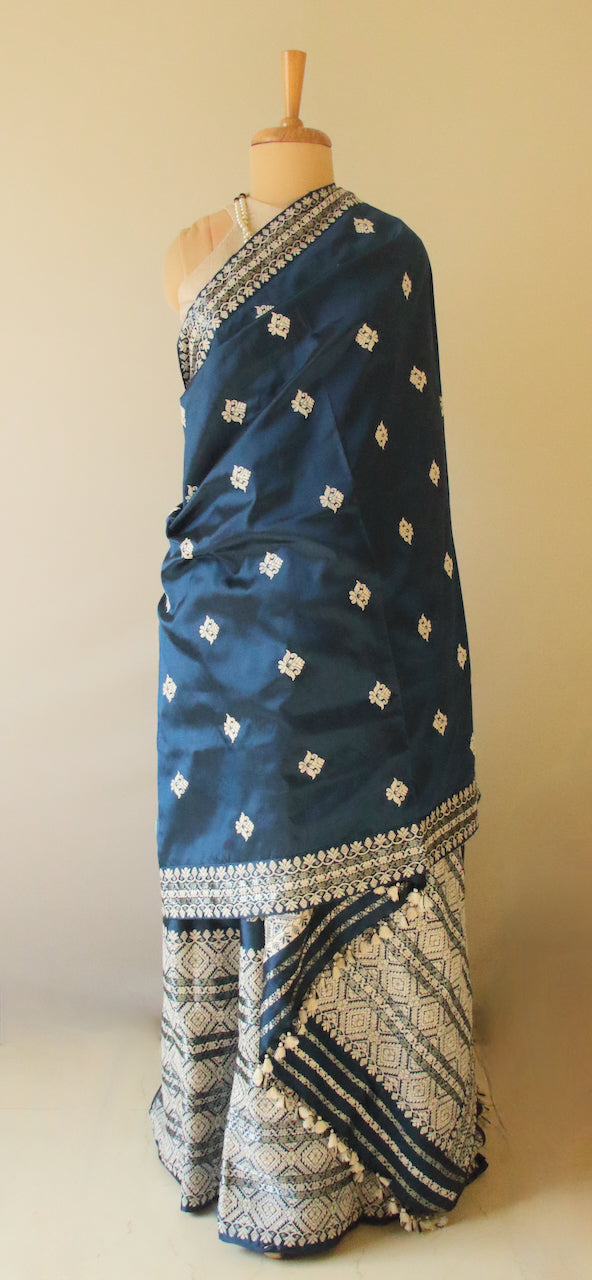 Prussian Blue Traditional Handloom Mulberry Silk Mekhla Chador Set from Assam