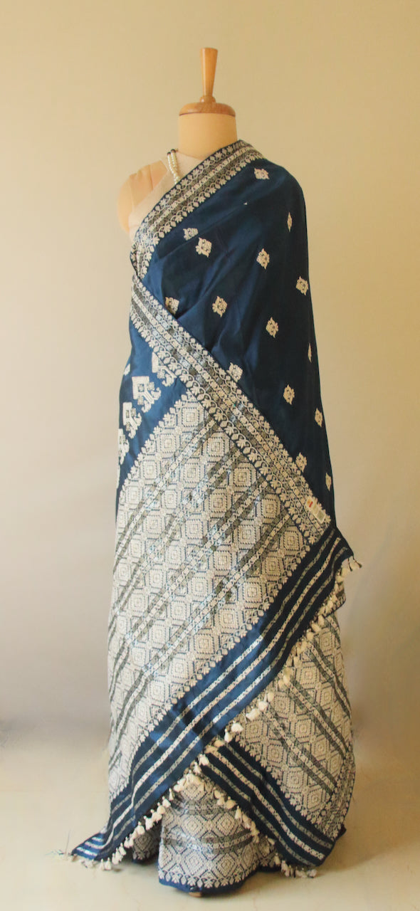 Prussian Blue Traditional Handloom Mulberry Silk Mekhla Chador Set from Assam