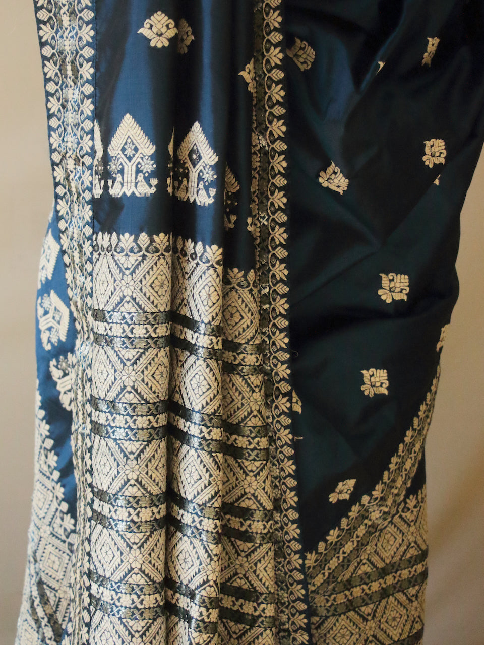 Prussian Blue Traditional Handloom Mulberry Silk Mekhla Chador Set from Assam