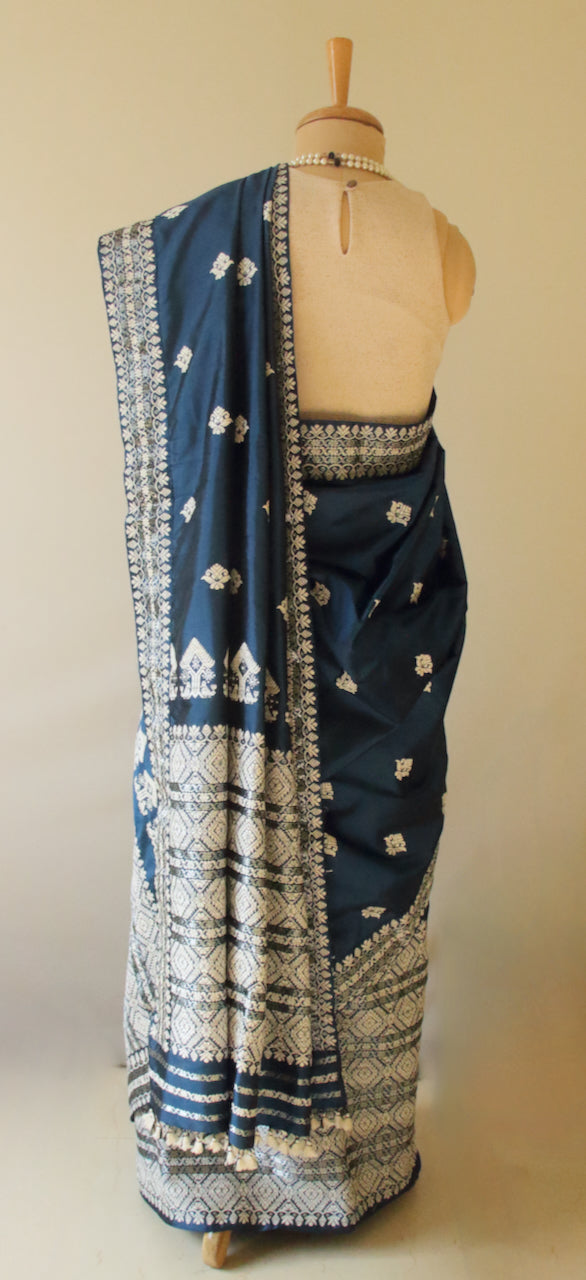 Prussian Blue Traditional Handloom Mulberry Silk Mekhla Chador Set from Assam