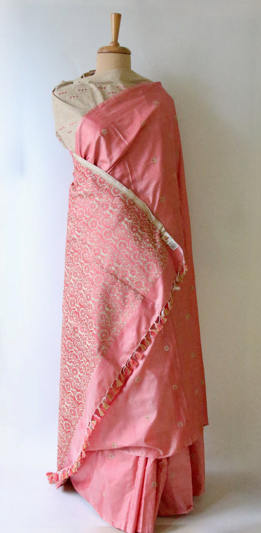 Pink Natural Dyed Handloom Mulberry Silk Saree With Contrast Blouse
