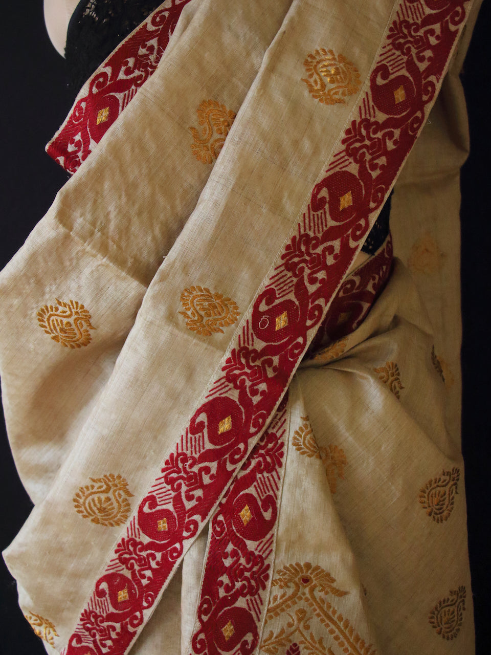 Bridal Classic Muga Silk Mekhla Chador Set in Maroon & Zari motifs from Assam