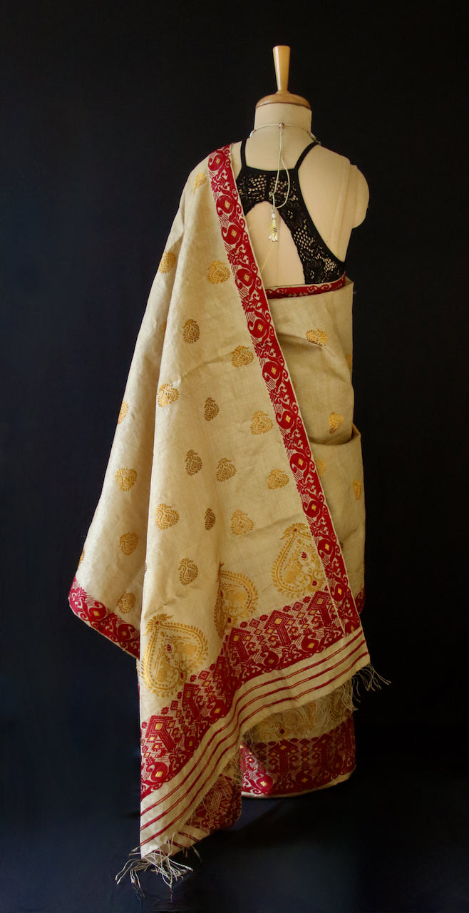 Bridal Classic Muga Silk Mekhla Chador Set in Maroon & Zari motifs from Assam