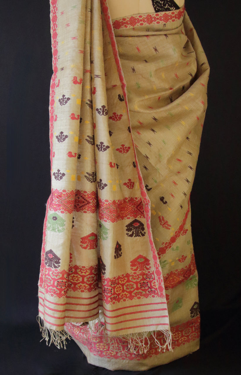 Authentic Muga Silk Traditional Design Mekhela Chador Set from Assam