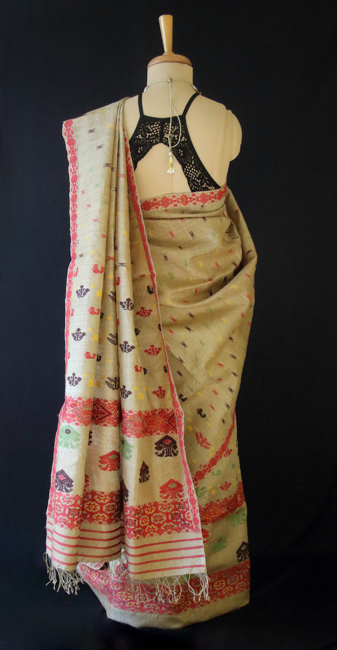 Authentic Muga Silk Traditional Design Mekhela Chador Set from Assam