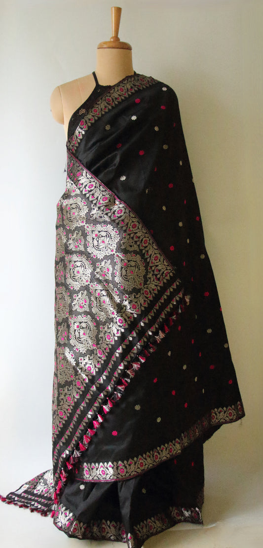 Black Colour Handloom Mulberry Silk  Saree from Assam