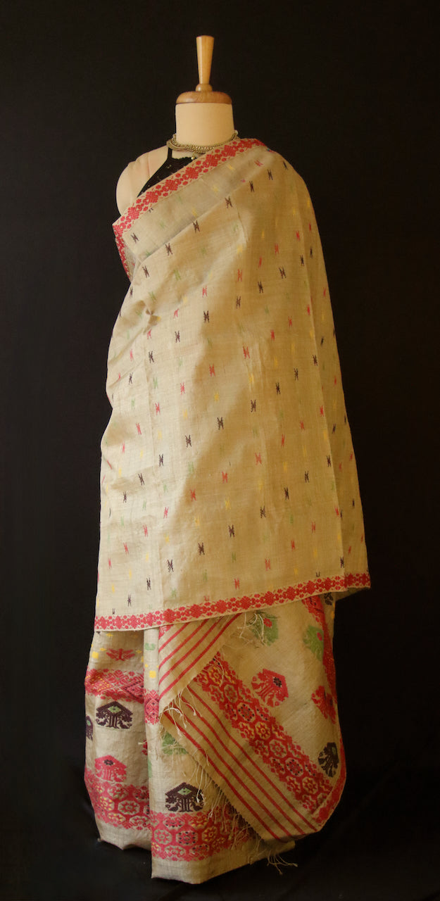 Authentic Muga Silk Traditional Design Mekhela Chador Set from Assam