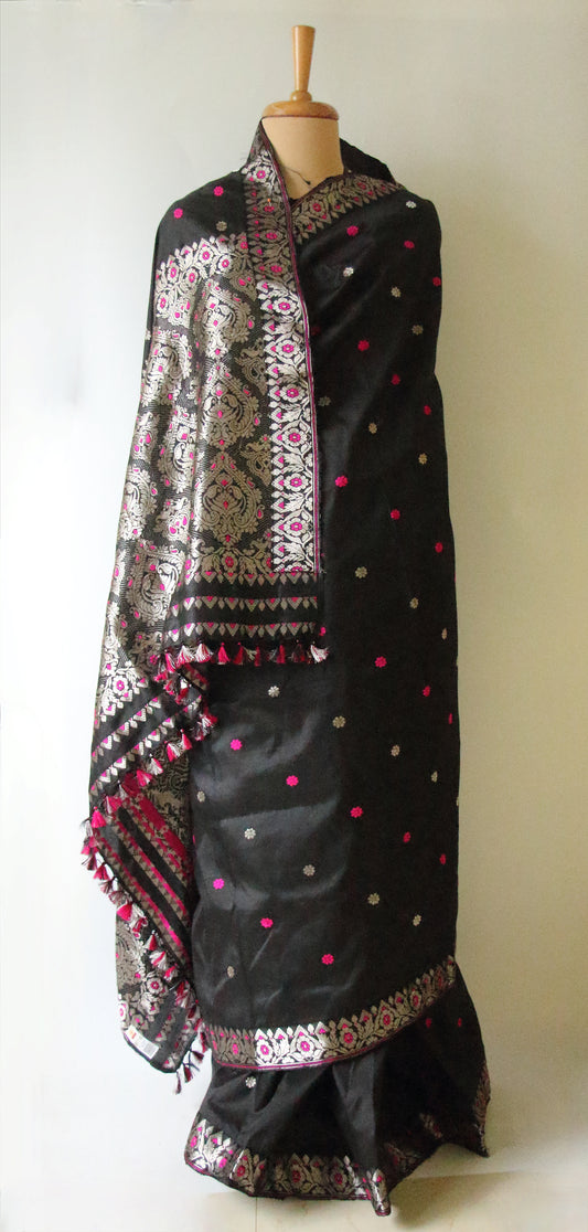 Black Colour Handloom Mulberry Silk  Saree from Assam