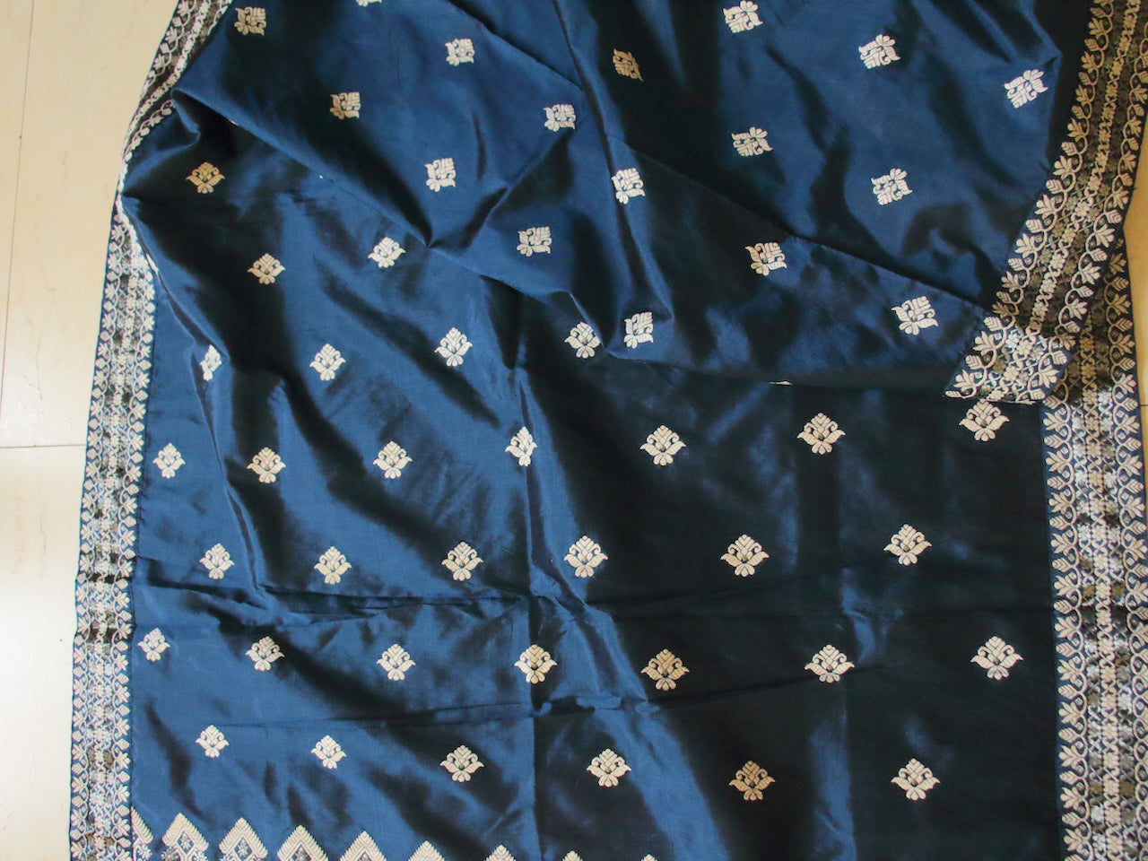 Prussian Blue Traditional Handloom Mulberry Silk Mekhla Chador Set from Assam