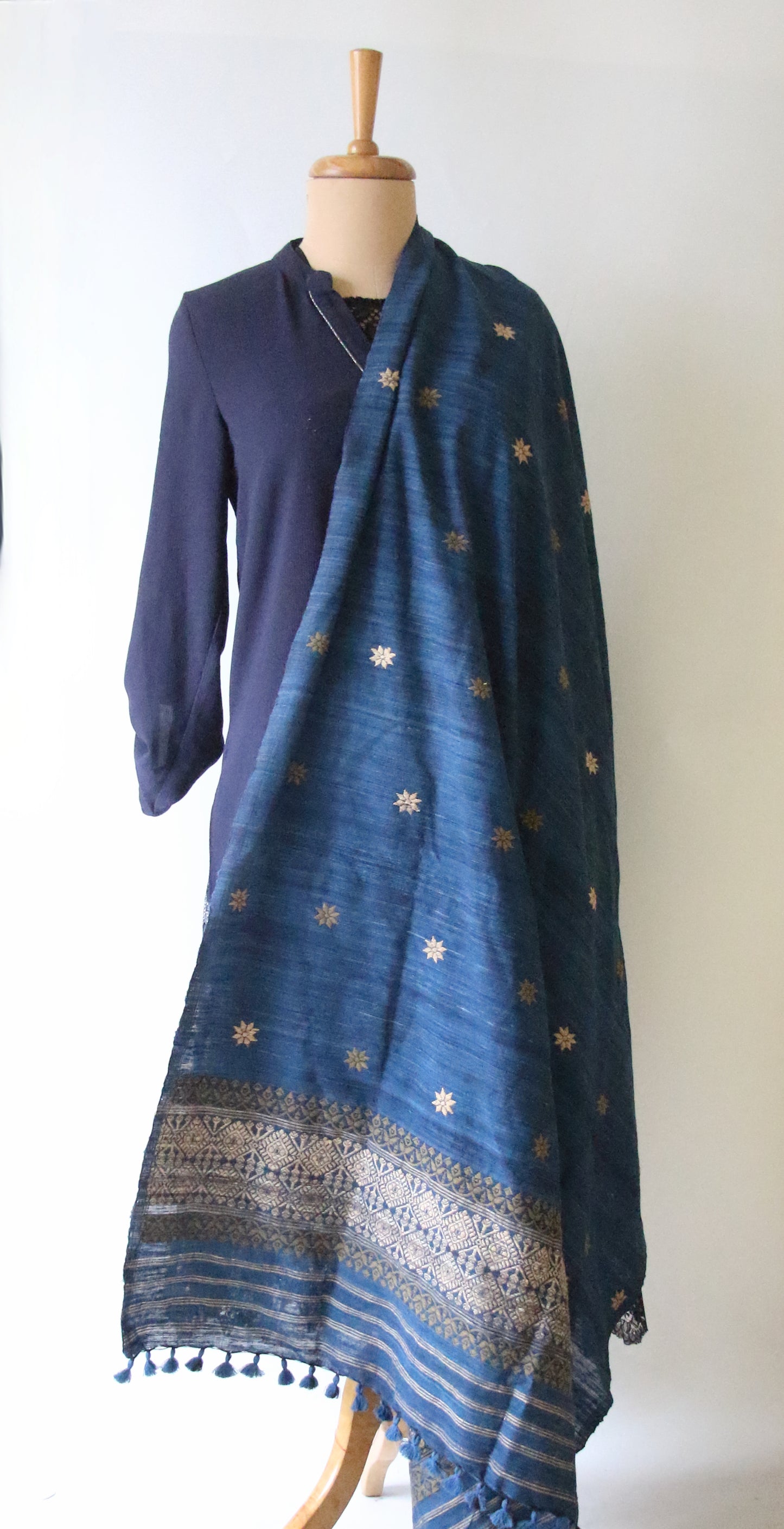 Handwoven Indigo Natural Dyed Hand Spun Eri Silk Shawl From Assam