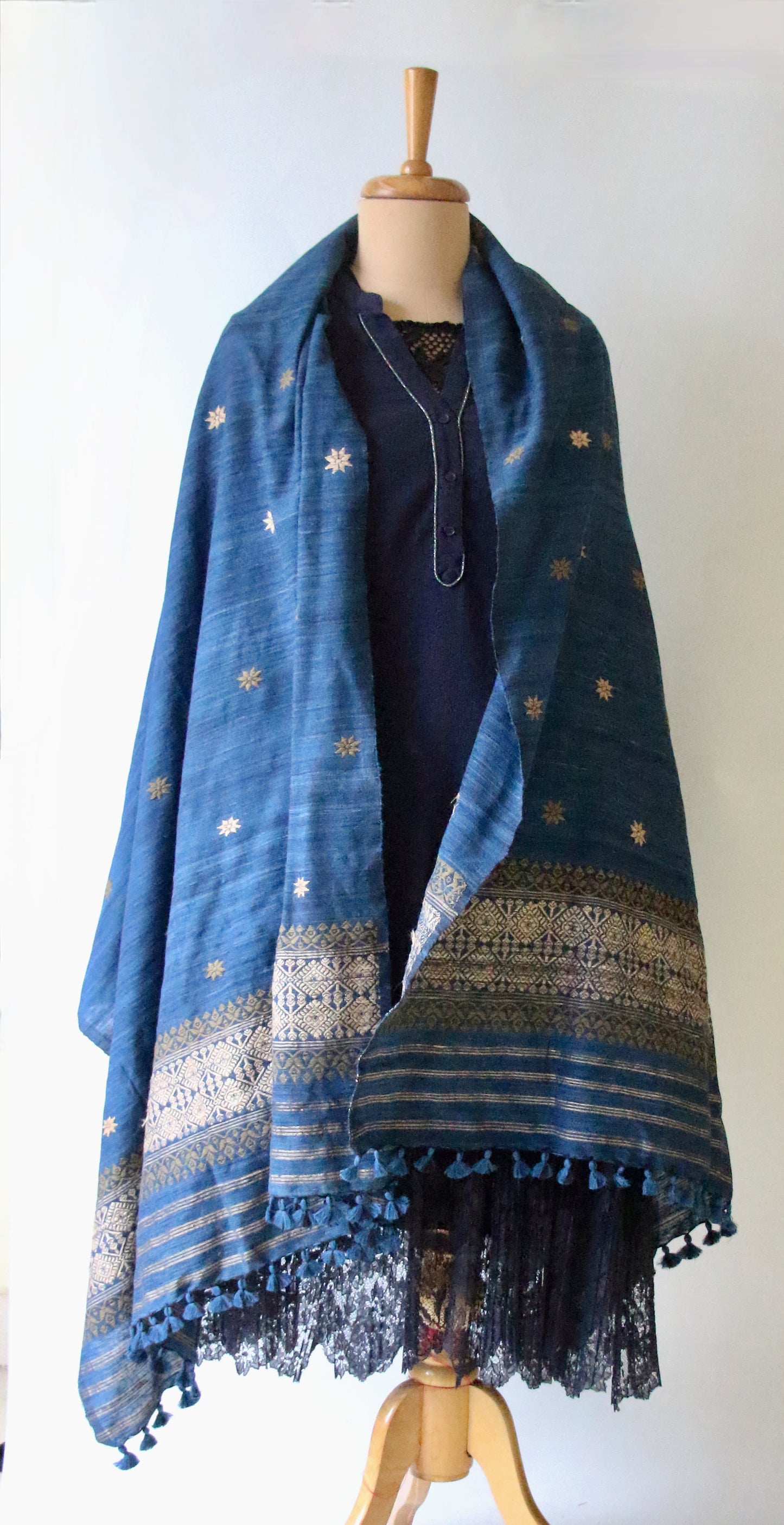 Handwoven Indigo Natural Dyed Hand Spun Eri Silk Shawl From Assam