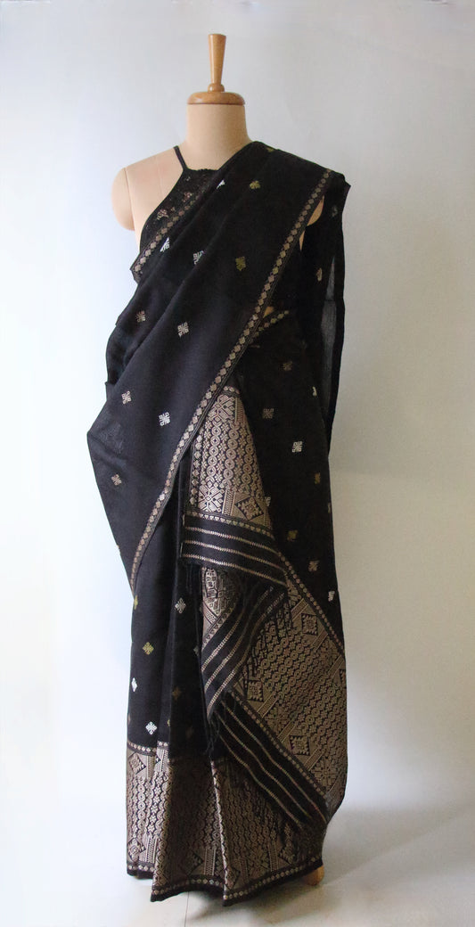 Dark Grey Cotton Silk Handloom Mekhela Chador Set from Assam