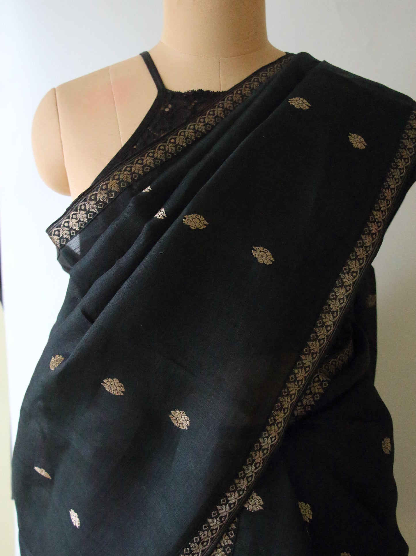 Black Cotton Silk Handloom Mekhela Chador Set from Assam