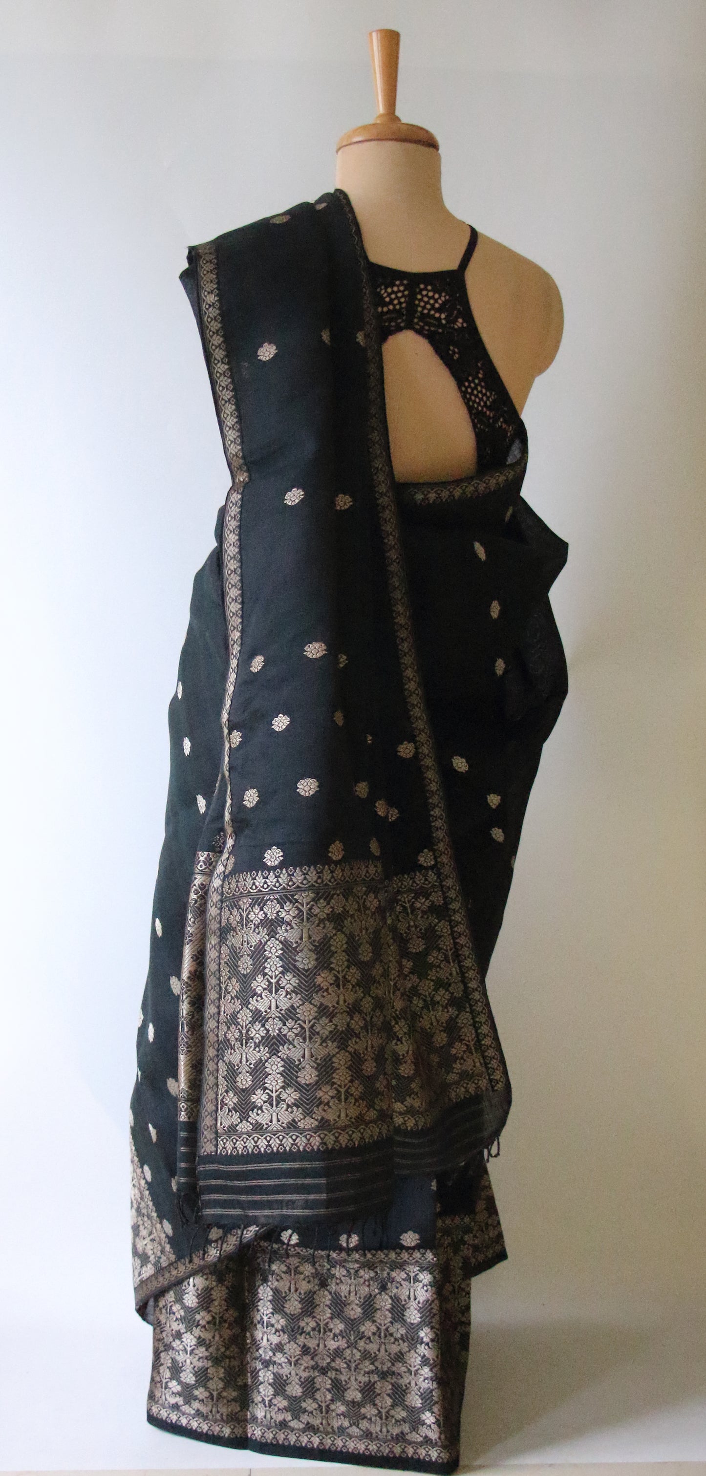 Black Cotton Silk Handloom Mekhela Chador Set from Assam