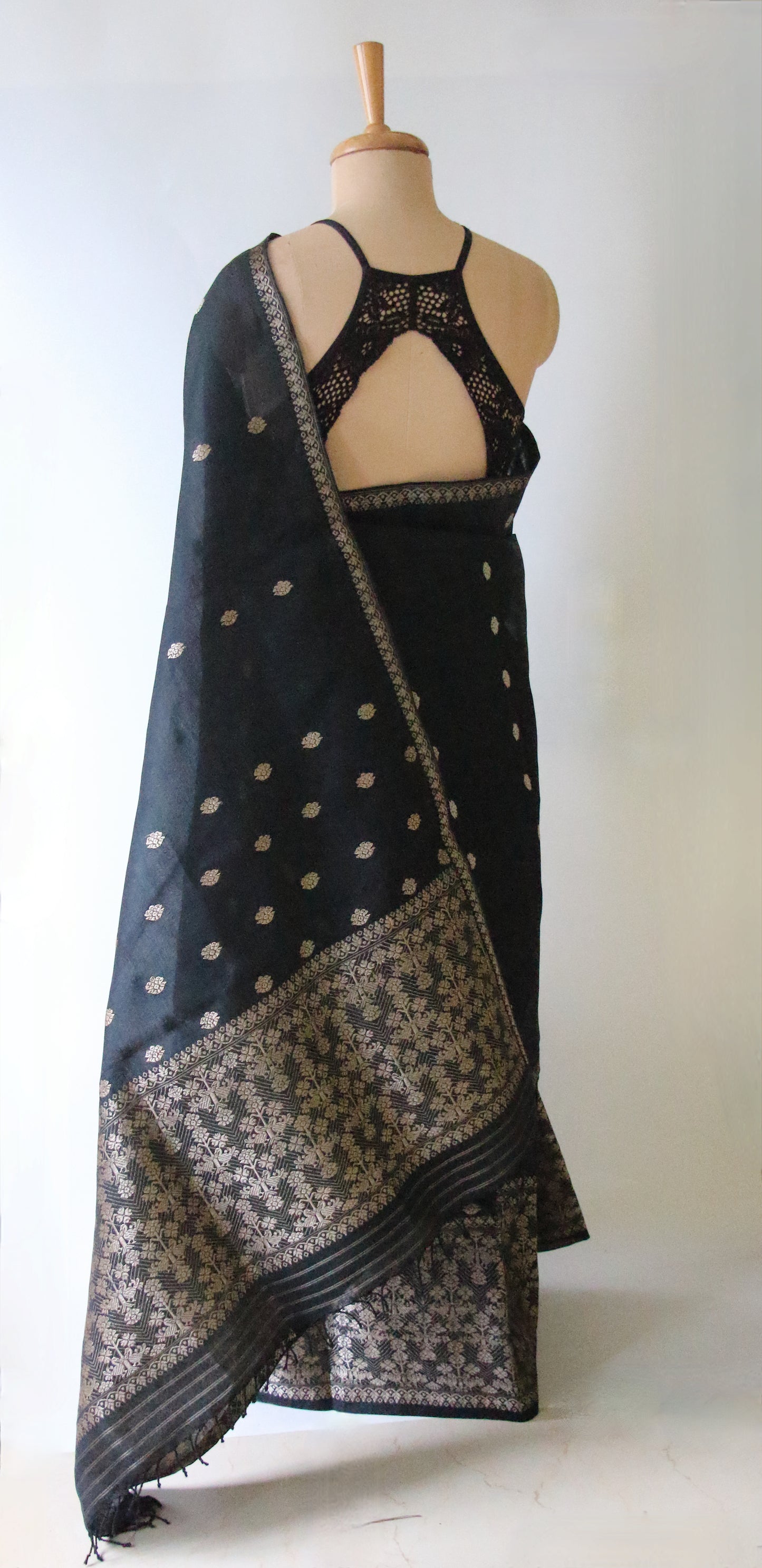 Black Cotton Silk Handloom Mekhela Chador Set from Assam