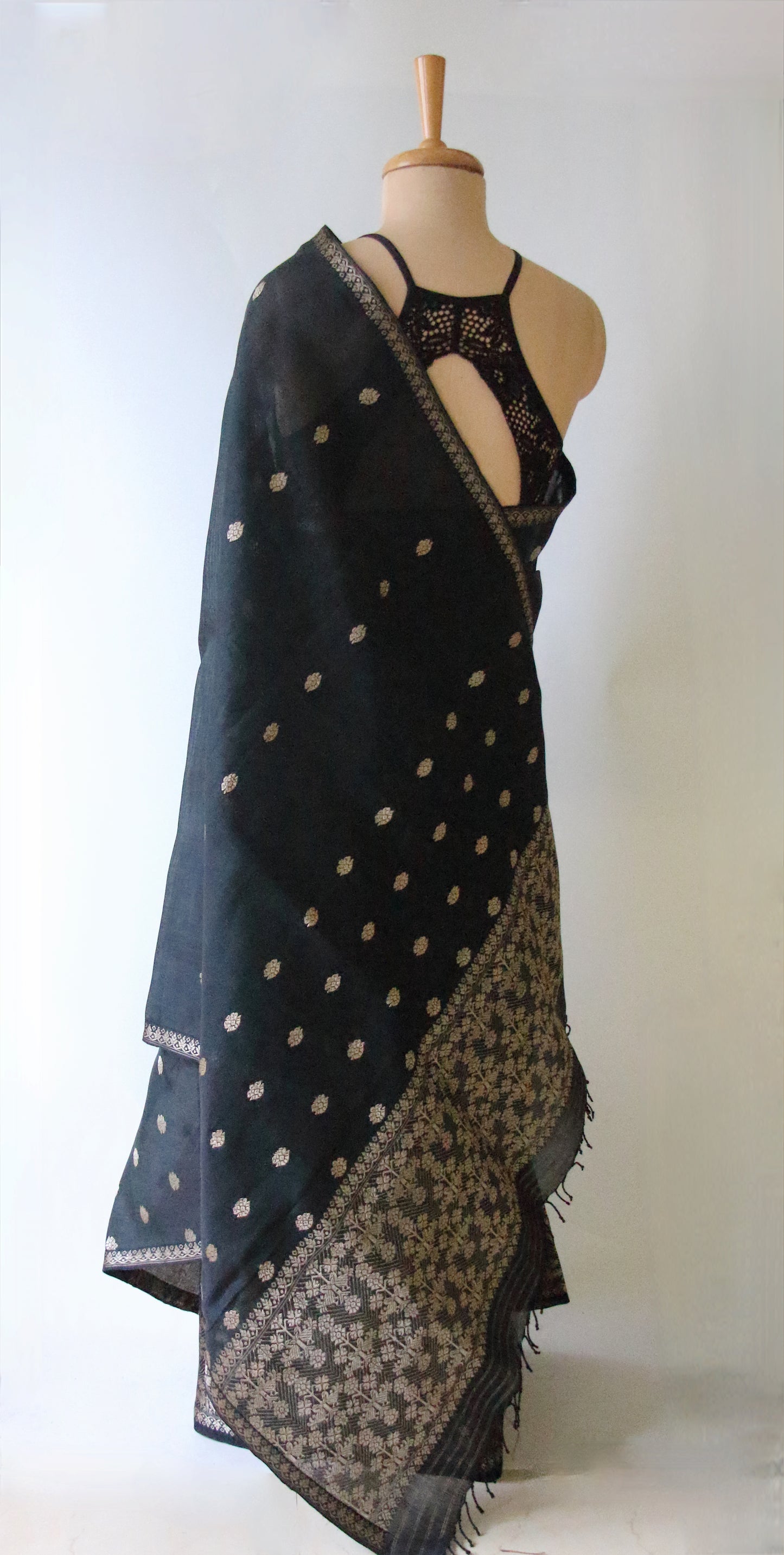 Black Cotton Silk Handloom Mekhela Chador Set from Assam