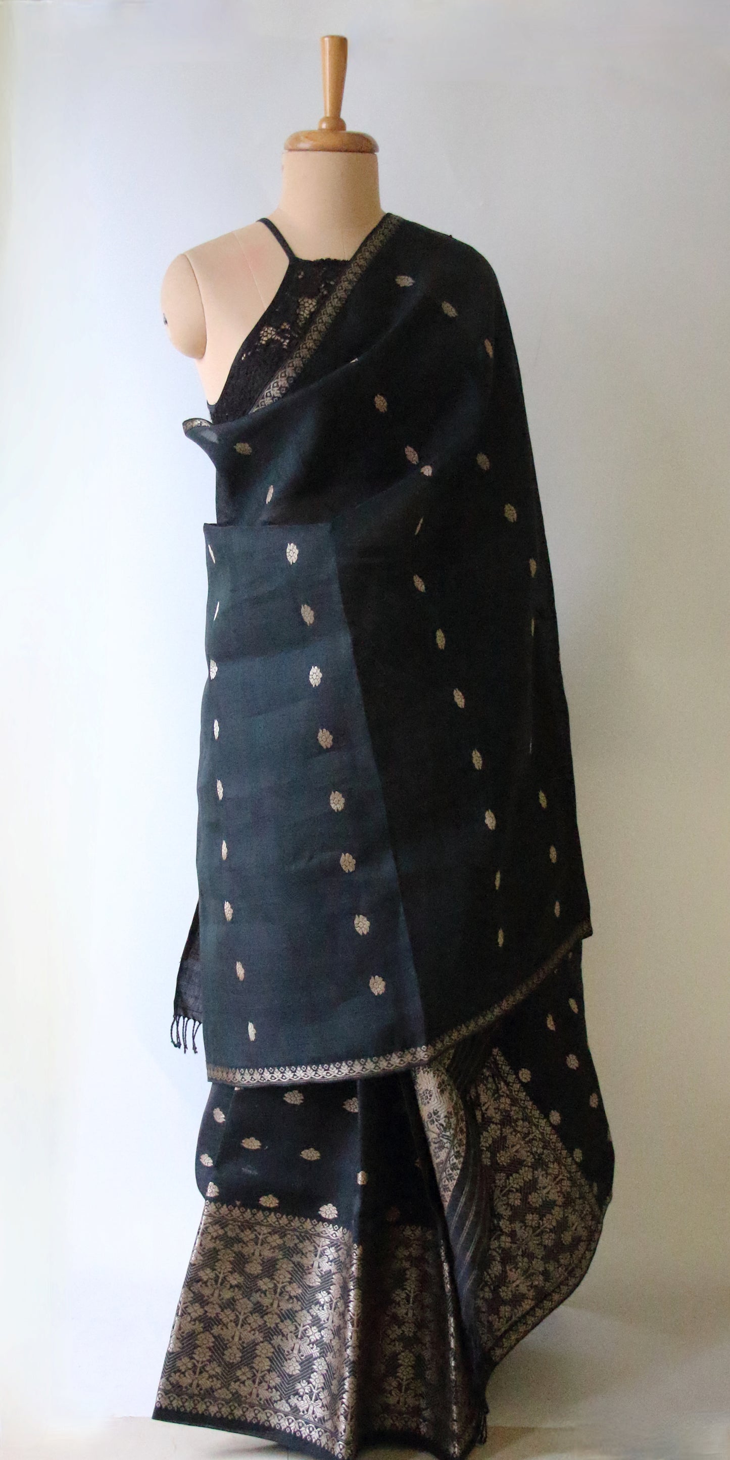 Black Cotton Silk Handloom Mekhela Chador Set from Assam
