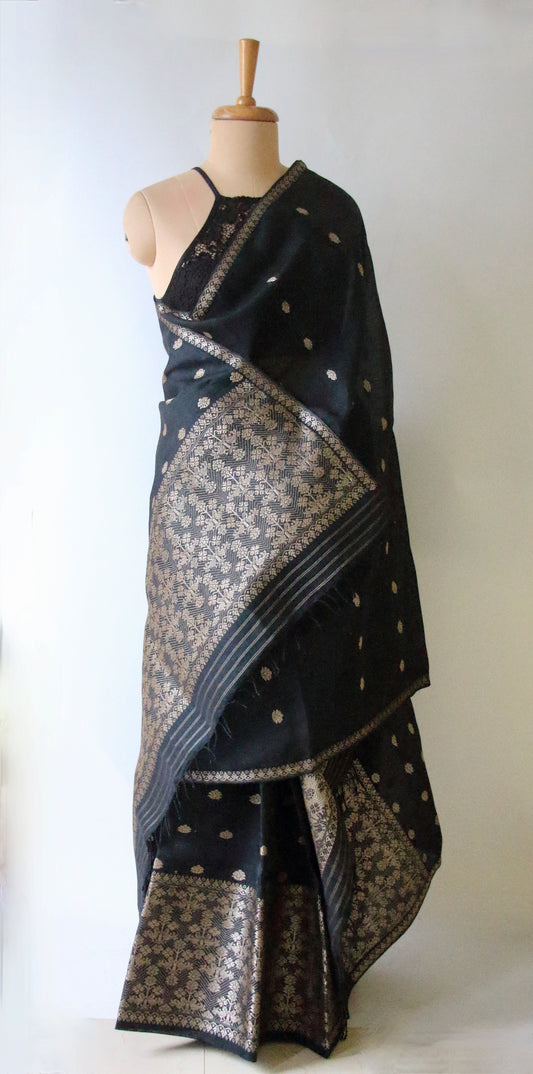 Black Cotton Silk Handloom Mekhela Chador Set from Assam