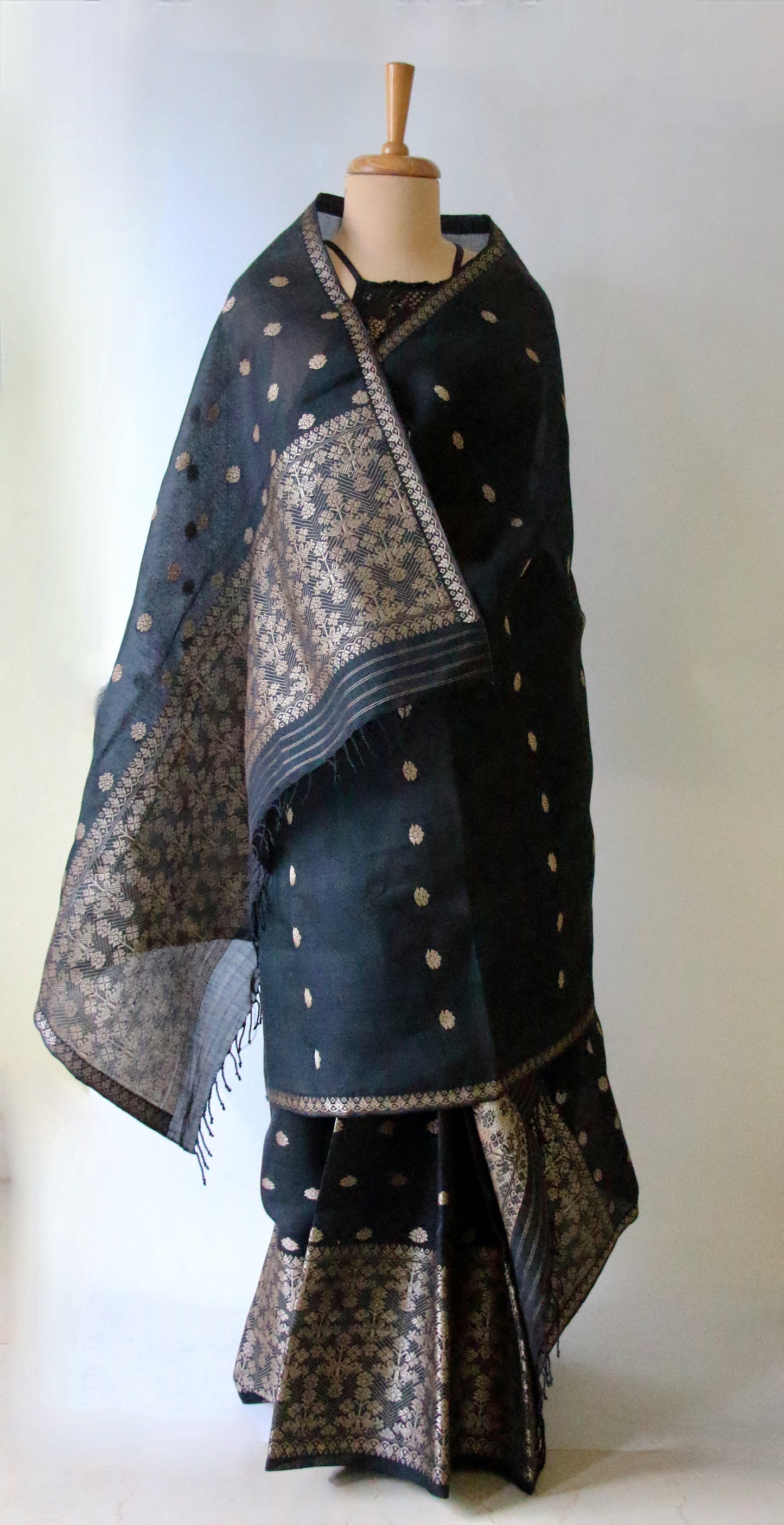 Black Cotton Silk Handloom Mekhela Chador Set from Assam
