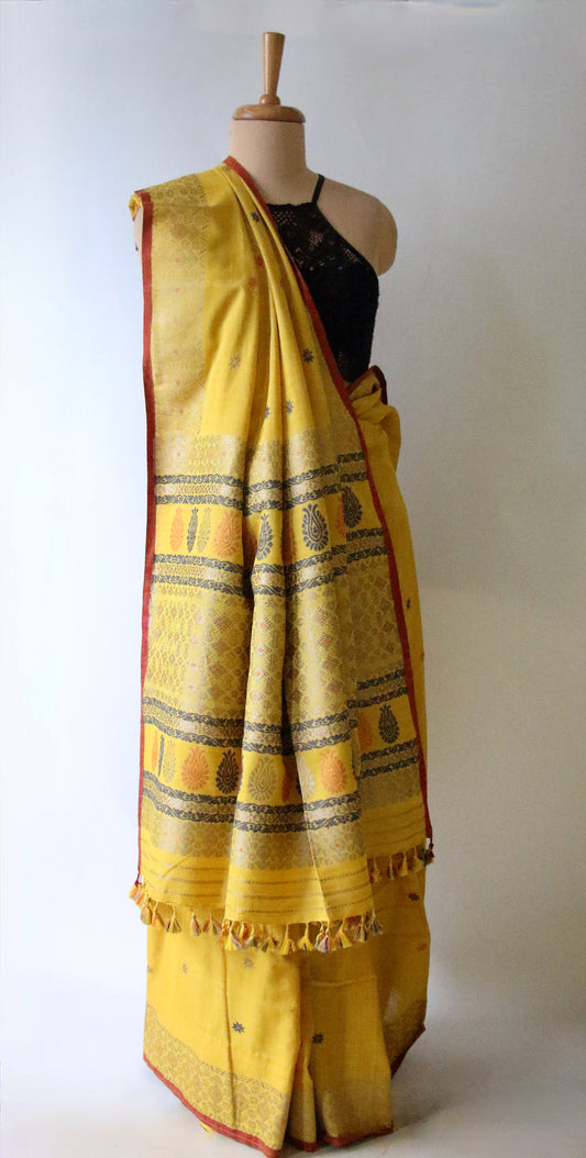 Natural Dyed Yellow Handloom Eri Silk  Sari from Assam