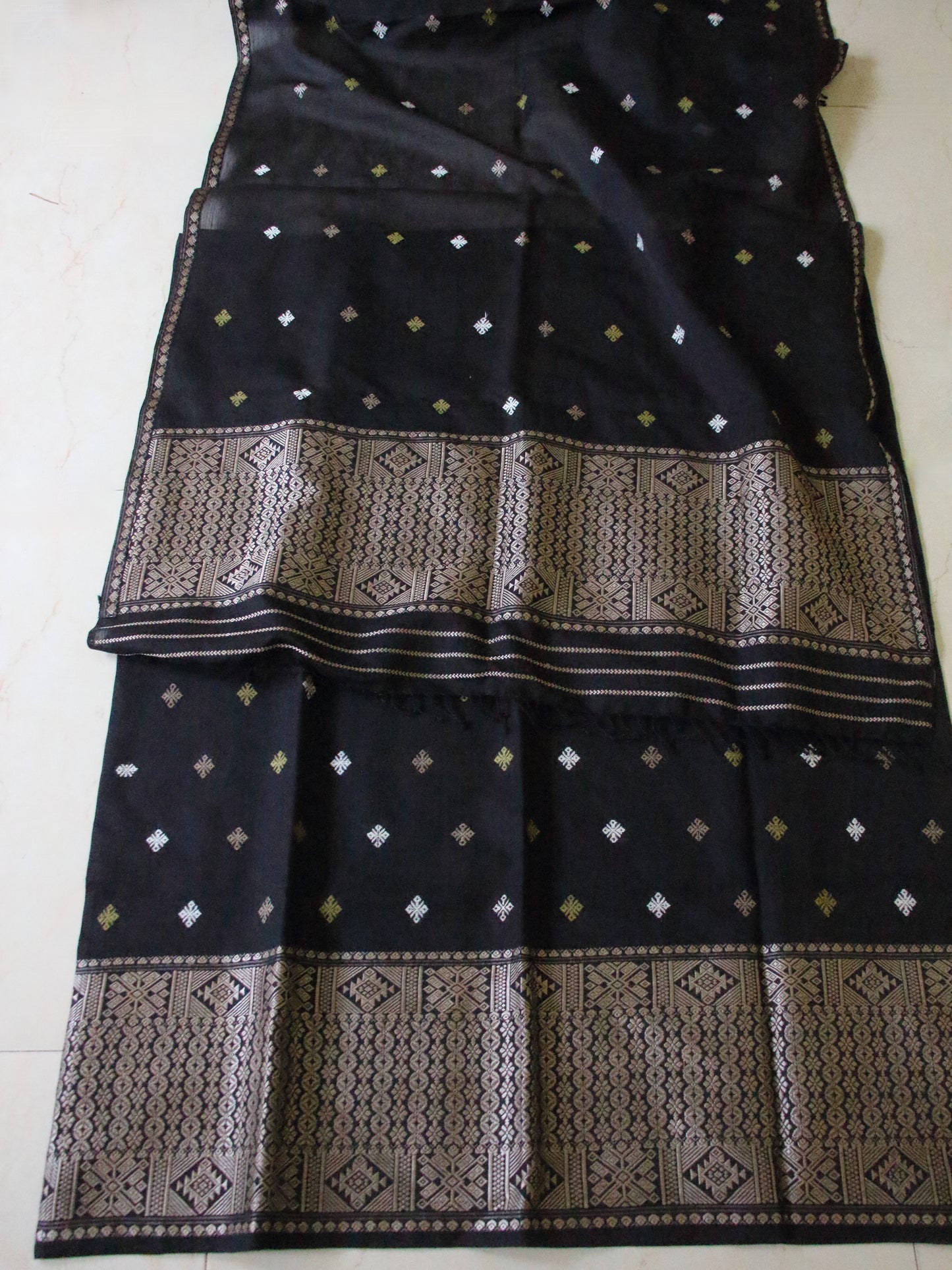 Dark Grey Cotton Silk Handloom Mekhela Chador Set from Assam