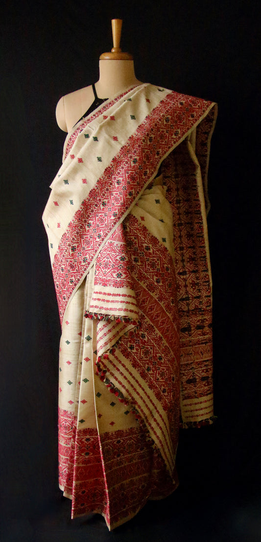 Authentic Muga Silk Traditional Design Mekhela Chador Set from Assam