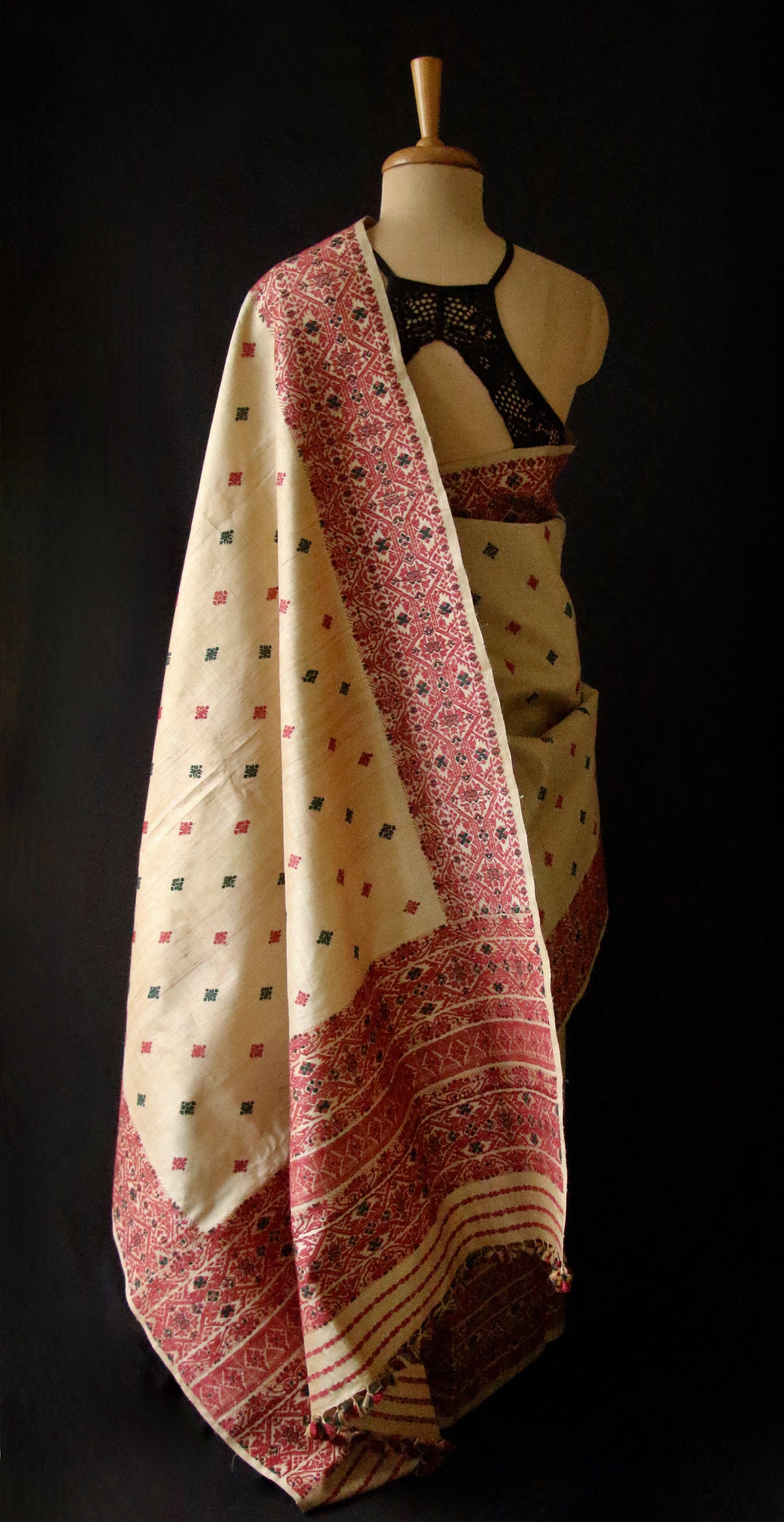 Authentic Muga Silk Traditional Design Mekhela Chador Set from Assam