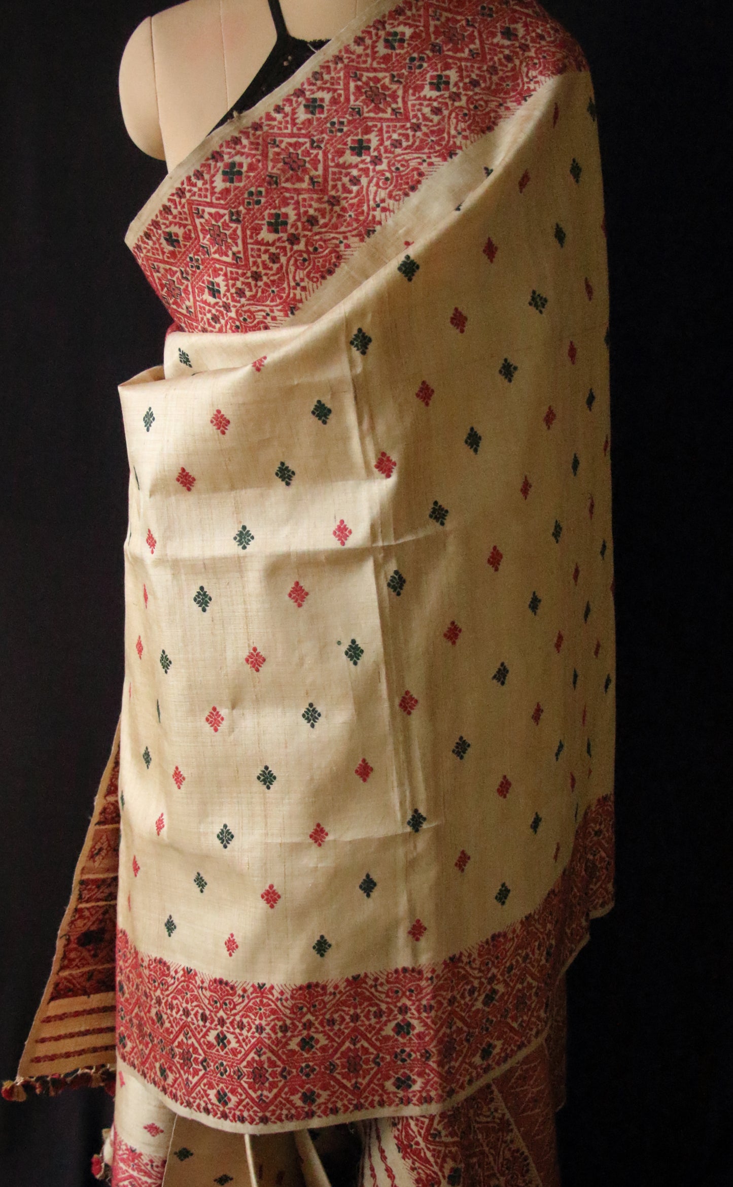 Authentic Muga Silk Traditional Design Mekhela Chador Set from Assam