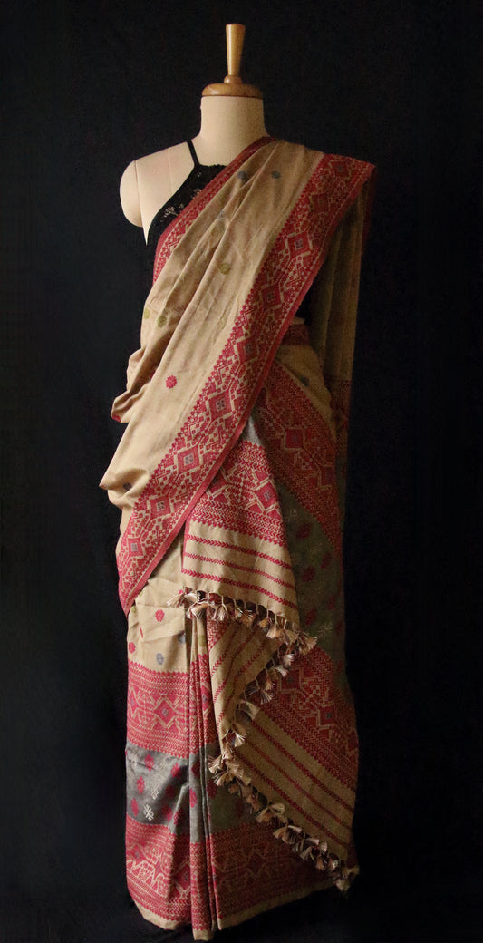 Beige Narural Dyed Eri Silk Traditional Mekhela Chador Set from Assam - Order Only